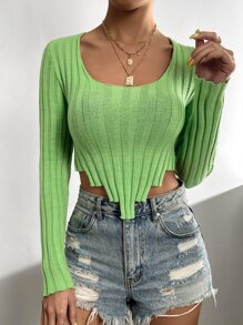 SHEIN Essnce Asymmetrical Hem Crop Jumper - Lime Green - View 5