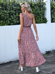 SHEIN VCAY Allover Print One Shoulder Layered Hem Dress - Multicolor - View 2