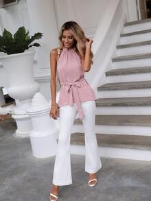 SHEIN Frenchy Swiss Dot Belted Halterneck Blouse - Pink - View 4