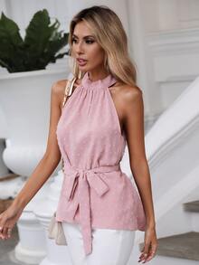 SHEIN Frenchy Swiss Dot Belted Halterneck Blouse - Pink - View 5