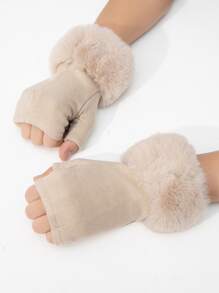 Guantes sin dedo ribete lanudo - Caqui - Ver 2