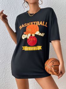 SHEIN Unity Camiseta de hombros caídos con estampado de baloncesto y letra - Negro - Ver 3