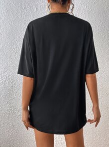 SHEIN Unity Camiseta de hombros caídos con estampado de baloncesto y letra - Negro - Ver 2