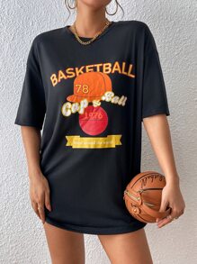SHEIN Unity Camiseta de hombros caídos con estampado de baloncesto y letra - Negro - Ver 4