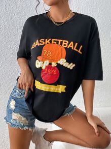 SHEIN Unity Camiseta de hombros caídos con estampado de baloncesto y letra - Negro - Ver 5