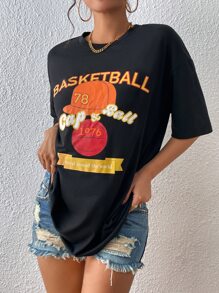 SHEIN Unity Camiseta de hombros caídos con estampado de baloncesto y letra - Negro - Ver 6