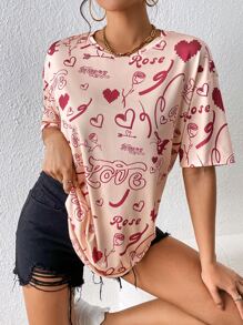 SHEIN Unity Heart & Letter Graphic Drop Shoulder Tee - Pink - View 1