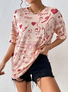SHEIN Unity Heart & Letter Graphic Drop Shoulder Tee - Pink - View 3