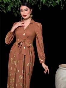 Modelyn 燙金花朵印花泡泡袖繫腰帶洋裝 - 鏽棕色 - 查看 3