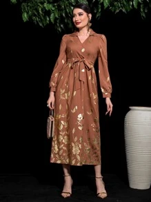 Modelyn 燙金花朵印花泡泡袖繫腰帶洋裝 - 鏽棕色 - 查看 4