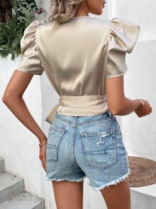 SHEIN Privé 泡泡袖側打結圍裹女士襯衫 - 杏色 - 查看 3