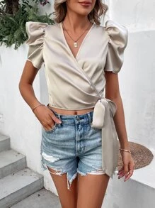 SHEIN Privé 泡泡袖側打結圍裹女士襯衫 - 杏色 - 查看 4