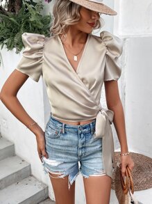 SHEIN Privé 泡泡袖側打結圍裹女士襯衫 - 杏色 - 查看 6