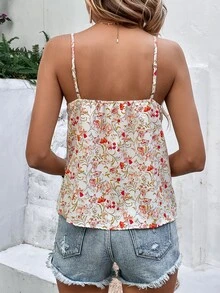 SHEIN VCAY Floral Print Contrast Lace Cami Top - Apricot - View 2