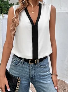 SHEIN LUNE Contrast Trim Sleeveless Blouse - White - View 3