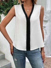 SHEIN LUNE Contrast Trim Sleeveless Blouse - White - View 5