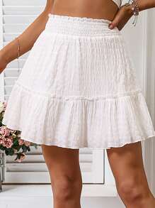 Breezaya Frill Trim Shirred Detail Ruffle Hem Skirt Vacation Beach Outfits Women - White - View 3