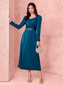 Modelyn Top crop de cuello cuadrado & Falda - Agua verde azul - Ver 1