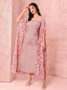 Seusyu Solid Tube Dress & Allover Floral Print Coat - Red - View 1