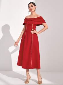 Modelyn 一字肩撞色滾邊洋裝 - 紅色 - 查看 4