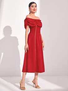 Modelyn 一字肩撞色滾邊洋裝 - 紅色 - 查看 5