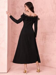 Modelyn 一字肩網紗拼接連衣裙不附腰帶 - 黑色 - 查看 2