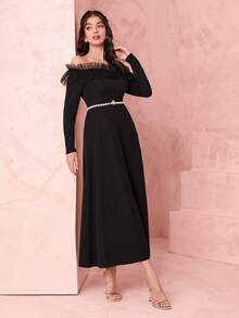 Modelyn 一字肩網紗拼接連衣裙不附腰帶 - 黑色 - 查看 4
