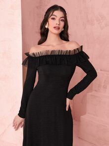 Modelyn 一字肩網紗拼接連衣裙不附腰帶 - 黑色 - 查看 5