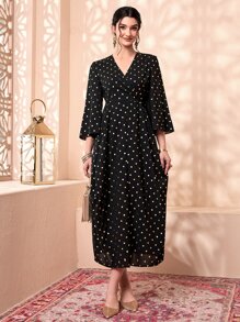 Divindia Polka Dot Wrap Front Dress - Multicolor - View 1