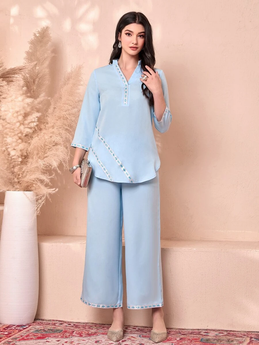 Divindia Contrast Tape Kurta Set - Baby Blue - View 1