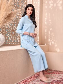 Divindia Contrast Tape Kurta Set - Baby Blue - View 3
