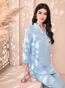 Divindia Contrast Tape Kurta Set - Baby Blue - View 4