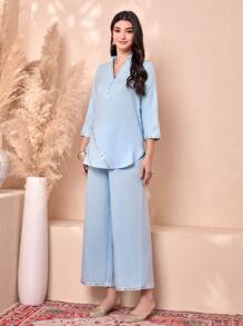 Divindia Contrast Tape Kurta Set - Baby Blue - View 5