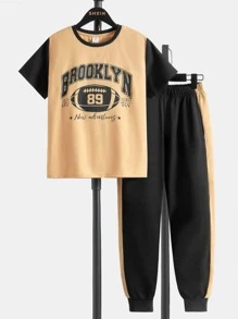SHEIN Boys Letter Graphic Two Tone Tee & Joggers - Multicolor - View 1