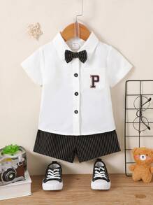 Baby Boy Letter Patched Bow Front Shirt & Striped Shorts - Black and White - View 1