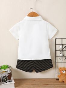 Baby Boy Letter Patched Bow Front Shirt & Striped Shorts - Black and White - View 2