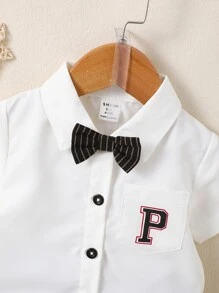 Baby Boy Letter Patched Bow Front Shirt & Striped Shorts - Black and White - View 3