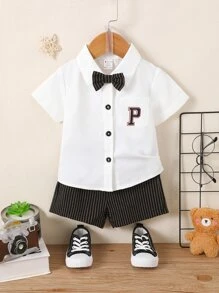 Baby Boy Letter Patched Bow Front Shirt & Striped Shorts - Black and White - View 6