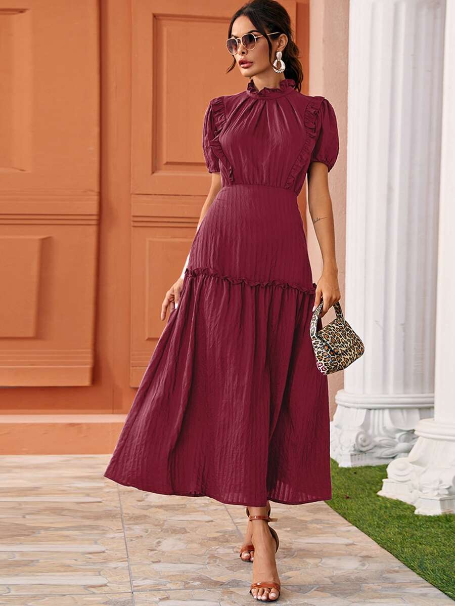 SHEIN Clasi Frill Trim Puff Sleeve Frill Detail Dress - Burgundy - View 1