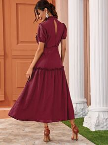 SHEIN Clasi Frill Trim Puff Sleeve Frill Detail Dress - Burgundy - View 2