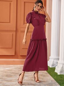 SHEIN Clasi Frill Trim Puff Sleeve Frill Detail Dress - Burgundy - View 3