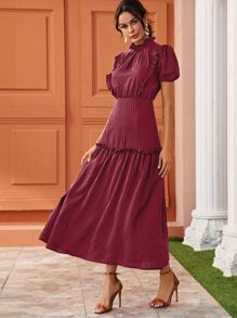 SHEIN Clasi Frill Trim Puff Sleeve Frill Detail Dress - Burgundy - View 4