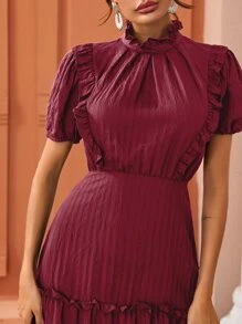 SHEIN Clasi Frill Trim Puff Sleeve Frill Detail Dress - Burgundy - View 5