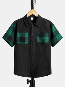 SHEIN Boys Plaid Print Button Front Shirt - Black - View 1
