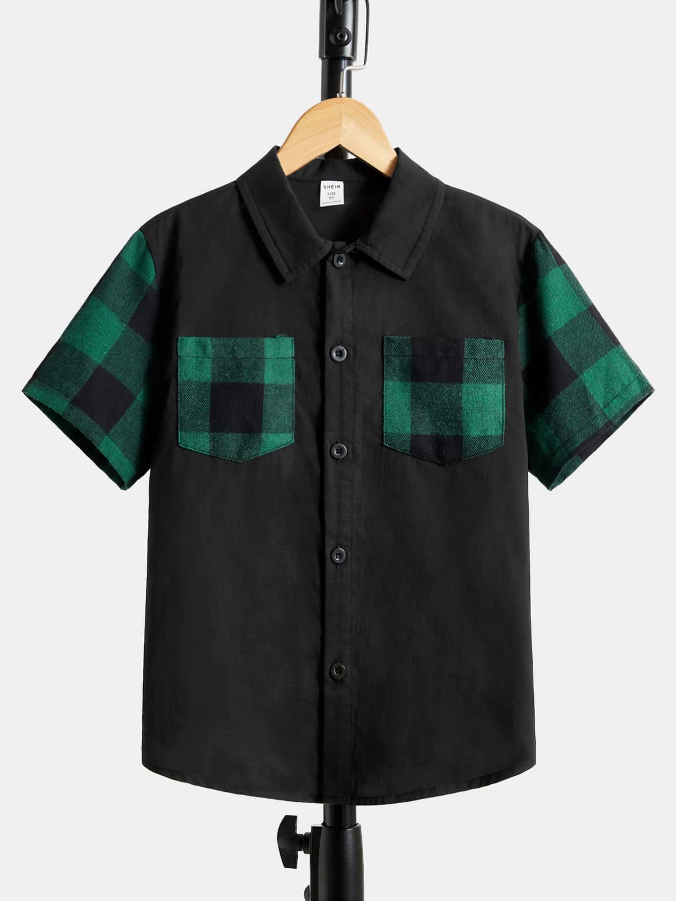 SHEIN Boys Plaid Print Button Front Shirt - Black - View 1