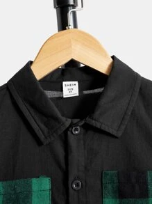 SHEIN Boys Plaid Print Button Front Shirt - Black - View 3