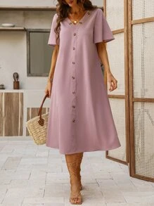 SHEIN LUNE Vestido túnico unicolor con botón delantero - Rosa vieja - Ver 1