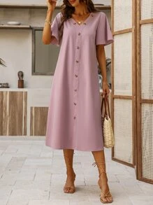 SHEIN LUNE Vestido túnico unicolor con botón delantero - Rosa vieja - Ver 3