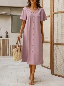 SHEIN LUNE Vestido túnico unicolor con botón delantero - Rosa vieja - Ver 4