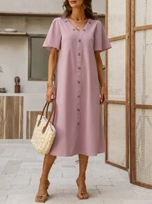 SHEIN LUNE Vestido túnico unicolor con botón delantero - Rosa vieja - Ver 6